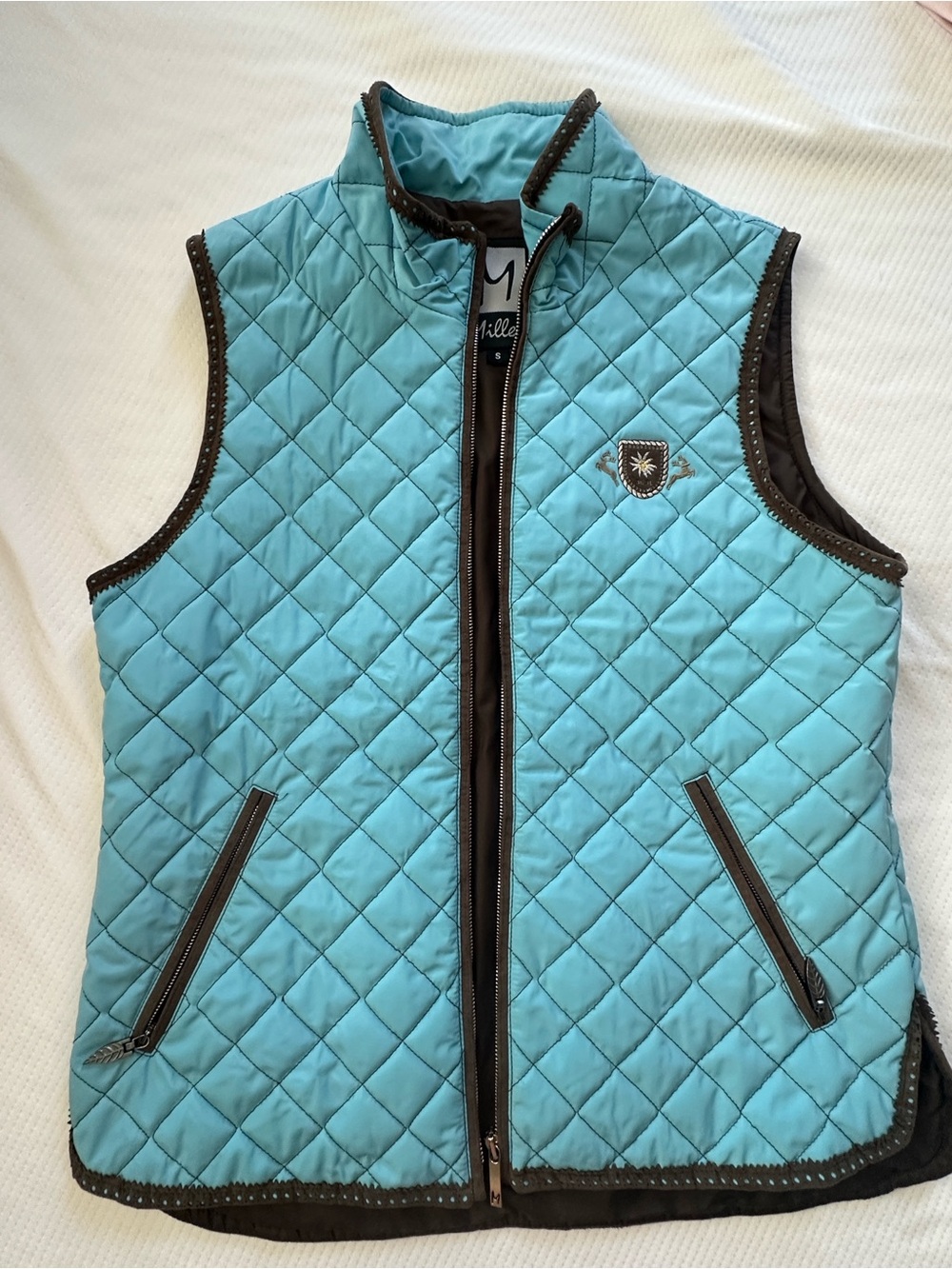 Miller Blue Quilted Vest with Brown Trim